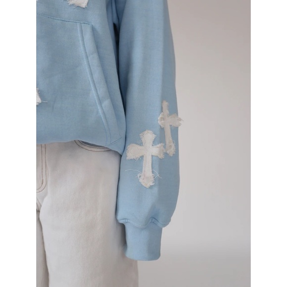 Light Blue Zip-Up Hoodie with White Cross Appliqués - Picture 2 of 3
